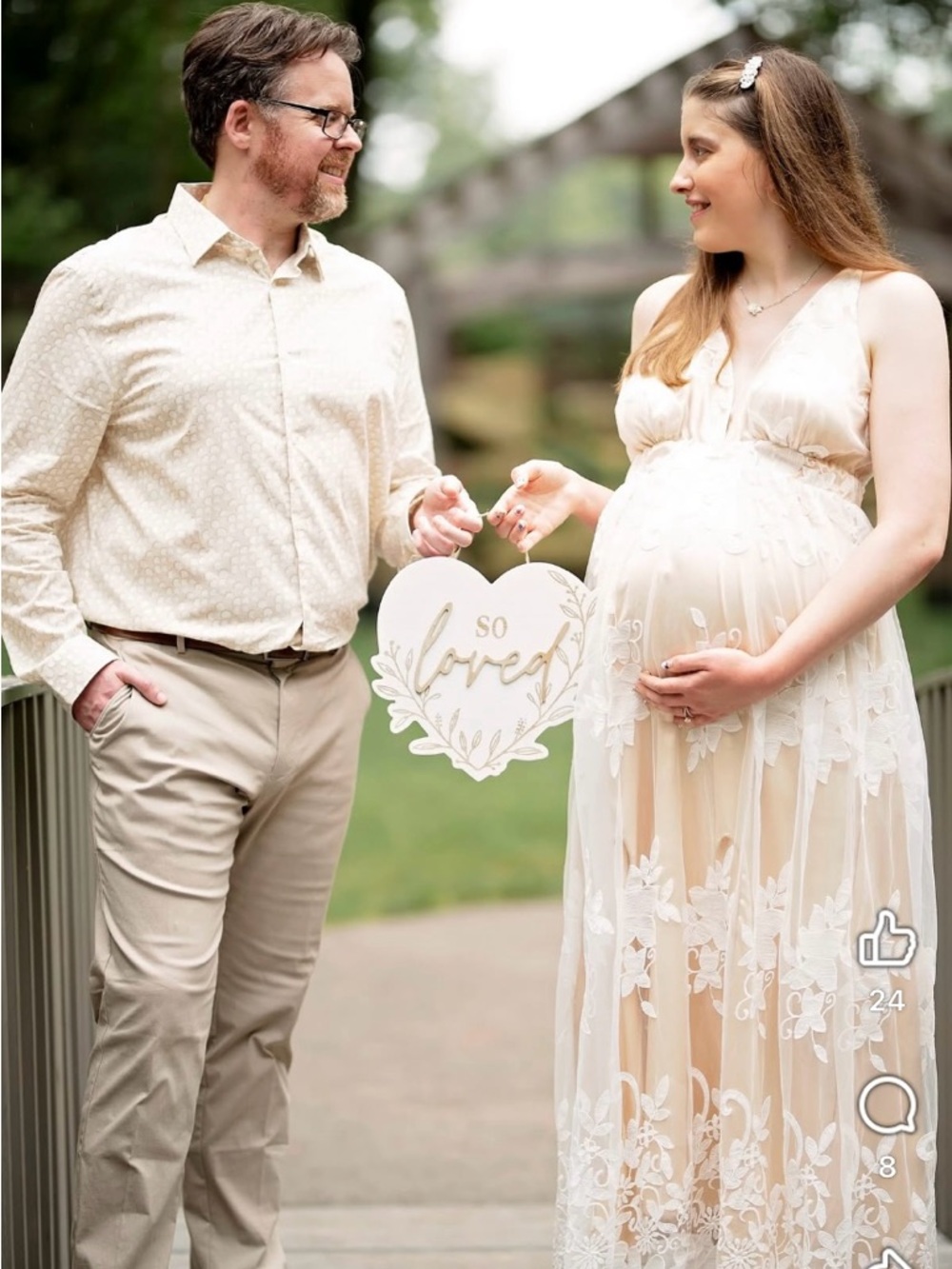 Ivory Lace Maternity Gown - Sheer Floral Overlay